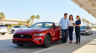 Couple driving a white convertible car hire along a scenic coastal road in California