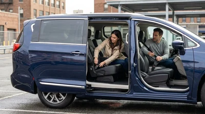 Driver checking the seat and seatbelt inside a car rental with a New York street view