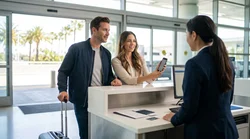 Traveler using a smartphone at a car rental desk in a California airport