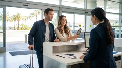 Traveler using a smartphone at a car rental desk in a California airport