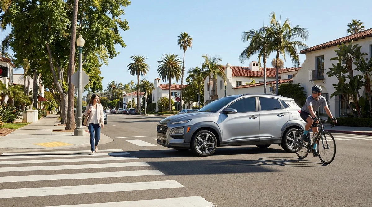 Silver car rental driving past a cyclist and pedestrians on a sunny California road