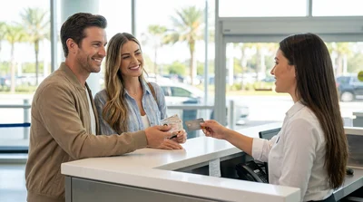 Two people at a car rental desk in Orlando receiving vehicle keys from a customer service agent