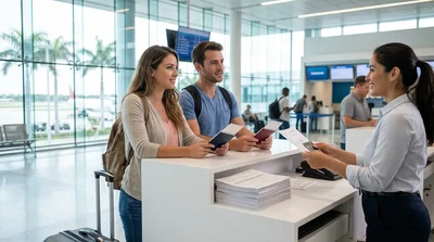 Traveler handing a passport and travel documents to an agent at a Miami car rental desk