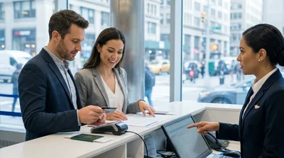 Person handing a credit card to a clerk at a New York car hire counter