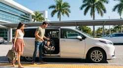 Parent strapping a toddler into a child safety seat in the back of a Miami car hire