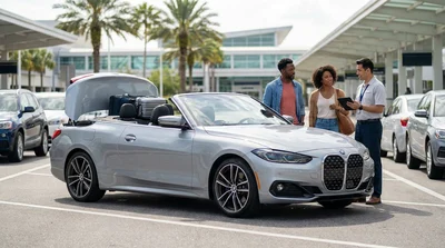 Person opening the door of a white car rental parked on a sunny Orlando street