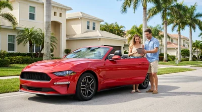 A person driving a car rental along a coastal road lined with palm trees in Florida