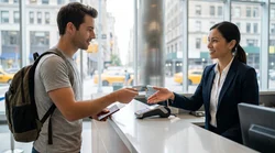 Close-up of a customer handing a credit card to a car hire agent at a desk in New York