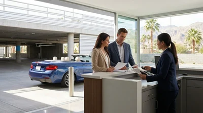Customer reviewing documents at a car hire desk in Las Vegas