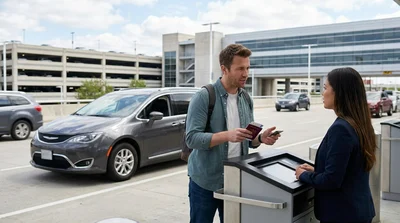 Customer handing a credit card to an agent at a car rental desk in New York