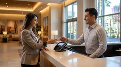 Close-up of a customer handing a credit card to an agent at a car hire desk in Las Vegas