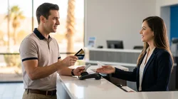 Customer placing two credit cards on a Las Vegas car rental counter