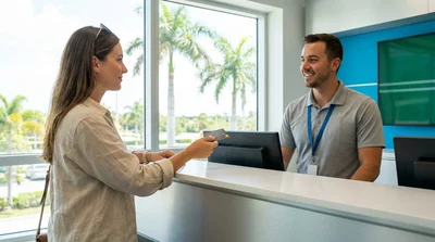 Hand holding a credit card near a parked car hire under palm trees in Florida