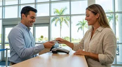 A customer handing a credit card to a clerk at a Florida car hire counter