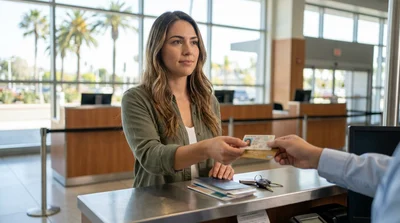 Person receiving keys at a car hire desk inside a sunny California airport