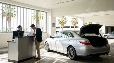 Person locking the door of a white car rental parked under palm trees in California