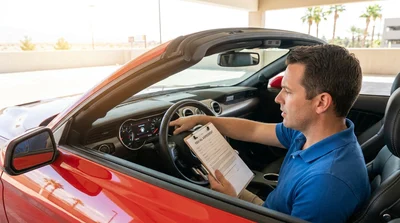 Driver checking the fuel gauge on the dashboard of a car rental in a Las Vegas parking lot