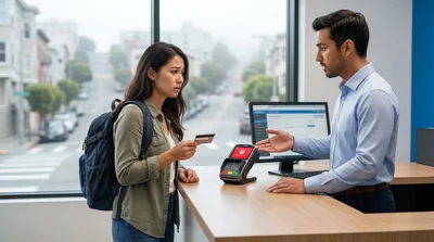 Close-up of a customer handing a credit card to an agent at a car rental desk in San Francisco