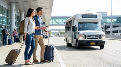 White shuttle bus arriving at an outdoor car rental facility at LaGuardia Airport in New York