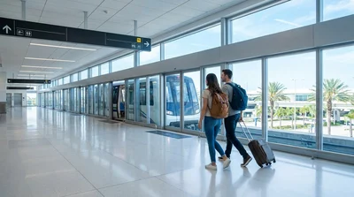 Travelers with luggage walking through a bright Miami Airport terminal toward the car rental center