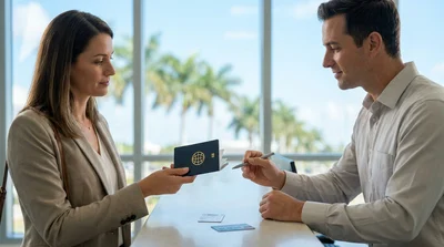 Traveler handing an open passport to a service agent at a Florida car rental desk