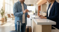 A customer presenting a driving license to an agent at a car rental counter in Texas
