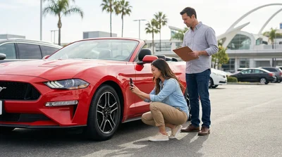 Person using a smartphone to photograph a car rental parked on a sunny Los Angeles street