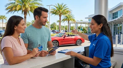 A person holding keys next to a white car rental parked under palm trees in Orlando