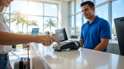 Person inserting a credit card into a payment terminal at a car rental desk in Florida