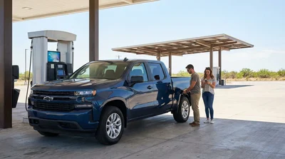 Driver refueling a car rental at a sunny gas station in Texas