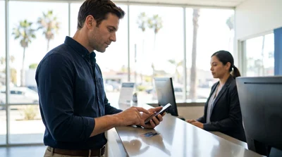 Person looking at a smartphone screen while standing at a car rental desk in Los Angeles