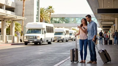 Travelers with luggage boarding a car rental shuttle bus outside the airport terminal in Las Vegas