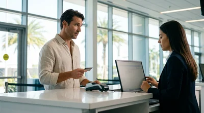 Close-up of a person holding a credit card at a car rental counter in Miami