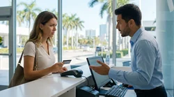 Customer handing a credit card to an agent at a Miami car rental counter