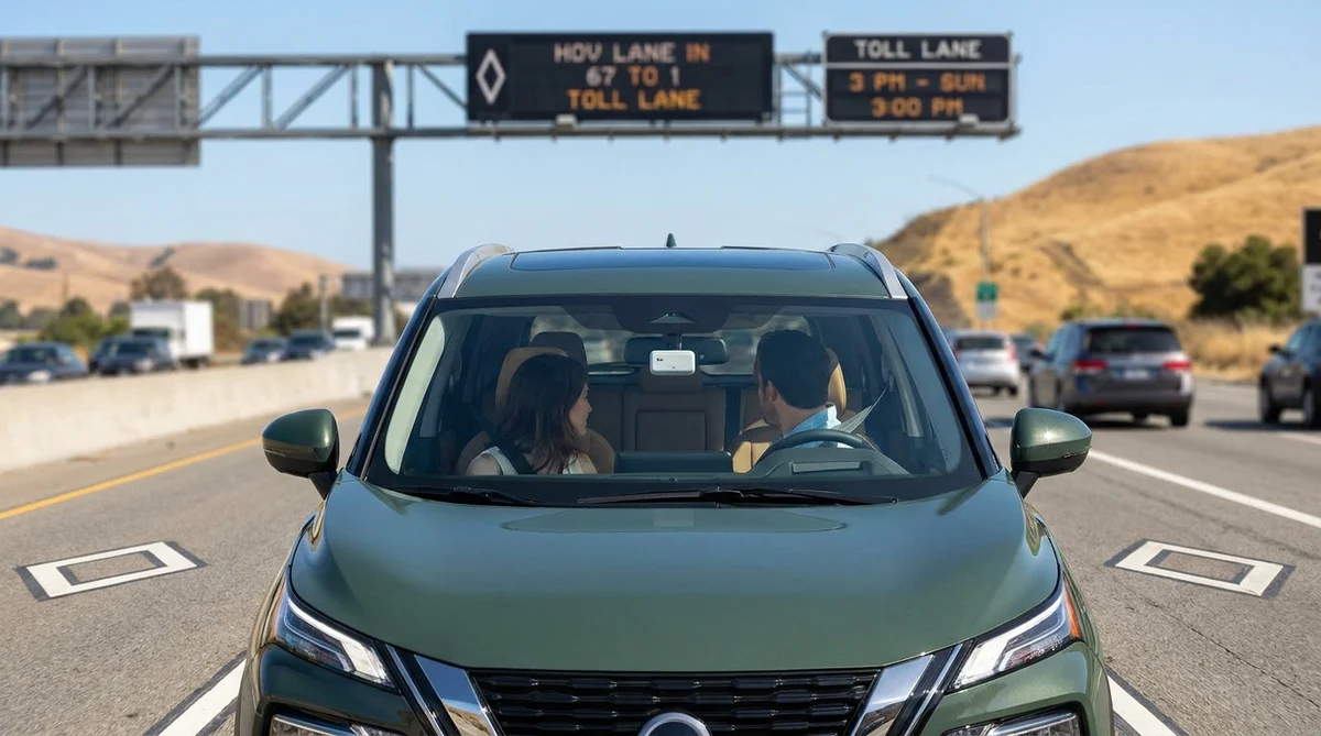 White car rental driving in a California highway carpool lane past a FasTrak sign