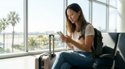 Person using a smartphone next to an electric car rental plugged into a public charging station in California