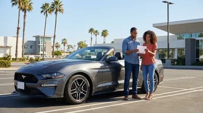 White car rental parked on a sunny scenic highway overlooking the California coastline