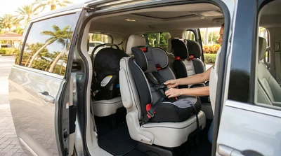 Mother installing a child car seat into the back of an Orlando car hire vehicle