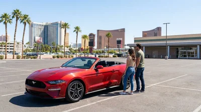 A customer receiving vehicle keys from an agent at a car rental desk in Las Vegas