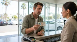 Person handing a cracked driving licence to an agent at a car rental desk in California