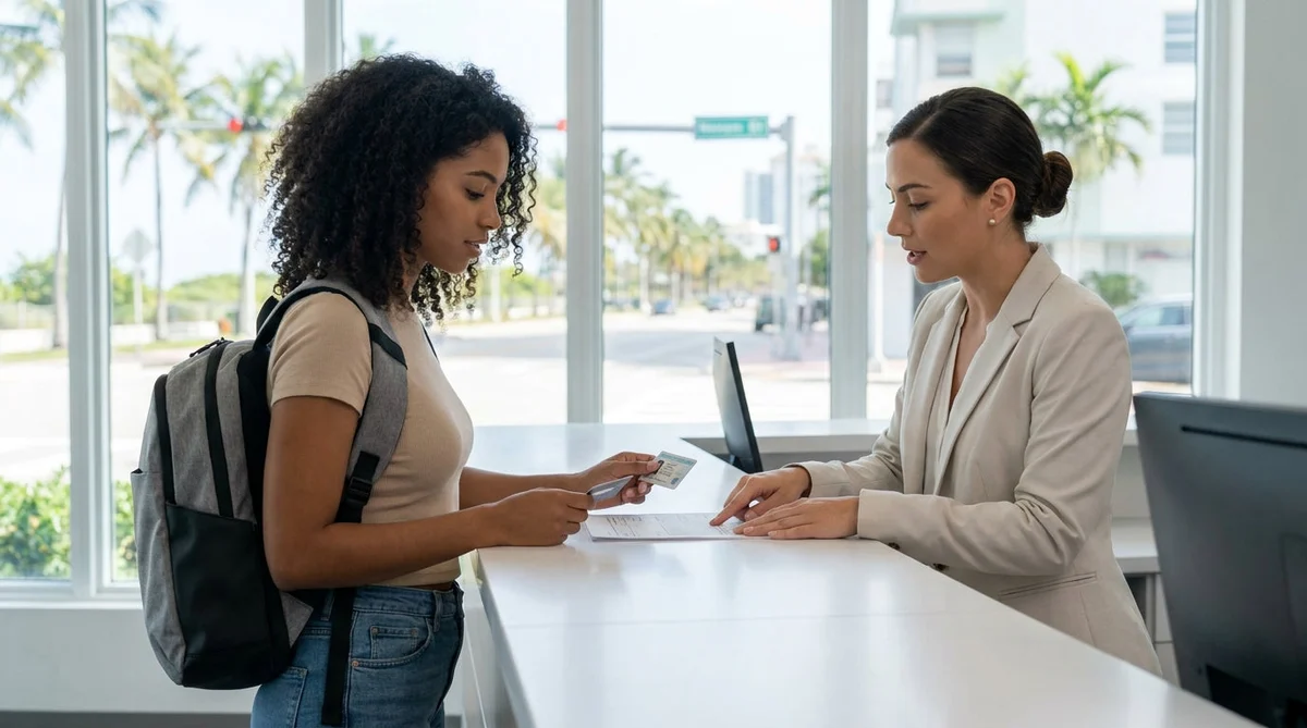 Young adult opening the door of a white car rental parked along a sunny street in Miami