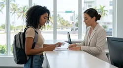 Young adult opening the door of a white car rental parked along a sunny street in Miami
