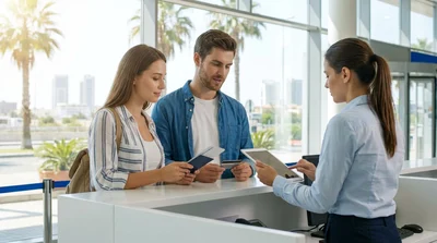 Customer presenting documents to an agent at a car rental counter in Miami