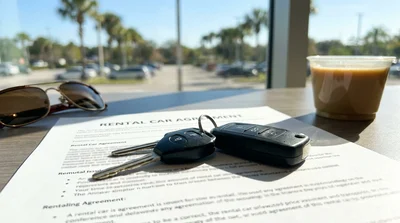 Close up of a hand holding a key fob outside a car rental parked in sunny Florida