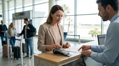 Customer talking to an agent at a car rental counter in Los Angeles Airport