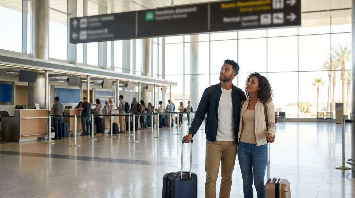 Travelers with luggage waiting in a car hire queue at shared counters inside Las Vegas airport