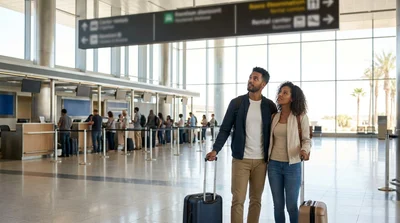 Travelers with luggage waiting in a car hire queue at shared counters inside Las Vegas airport
