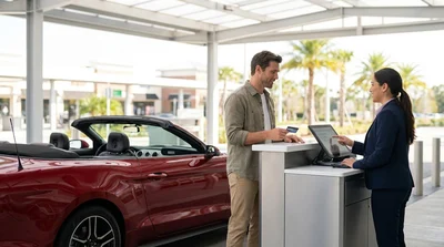 Customer handing a credit card to a service agent at a car rental counter in Orlando