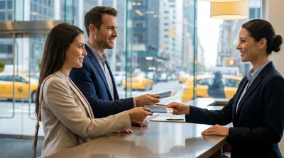 Two people showing driver licenses to an agent at a car rental desk in New York