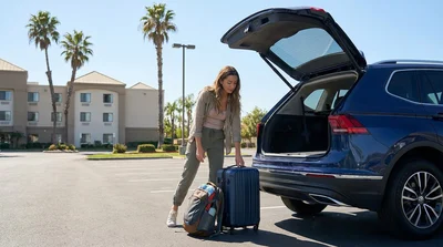 Open trunk of a car rental filled with suitcases under sunny palm trees in Florida